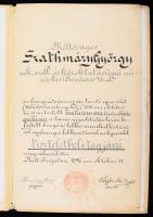 1896 Csongrádvármegyei Tanító Egyesület milleniumi díszközgyűlésének díszoklevele Szathmáry György miniszeri tanácsos részére. Egészvászon díszborítóval.
