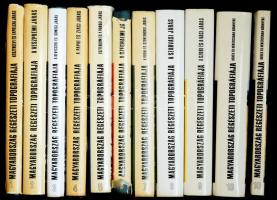 Magyarország régészeti topográfiája 1-10. köt. [Archaeological sites of Hungary.] Főszerk.: Gerevich László.  1. köt: Veszprém megye régészeti topográfiája. A keszthelyi és tapolcai járás. Szerk.: Sági Károly. Írta: Bakay Kornél, Kalicz Nándor, Sági Károly. Bp., 1966., Akadémiai Kiadó, 266 p..+ 1 (kihajtható térkép) t. + 8 (térkép-mellékletek) t. Gazdag fekete-fehér képanyaggal illusztrált. Megjelent 1000 példányban. Kiadói aranyozott egészvászon-kötés, kissé sérült kiadói papír védőborítóban.;  2.köt.: Veszprém megye régészeti topográfiája. A veszprémi járás. Szerk.: Éri István. Írta: Éri István, Kelemen Márta, Németh Péter, Torma István. Bp., 1969., Akadémiai Kiadó, 340 p.+5 t. : ill. + 6 (térkép-mellékletek) t. Gazdag fekete-fehér képanyaggal illusztrált. Megjelent 1300 példányban. Kiadói aranyozott egészvászon-kötés, kissé sérült kiadói papír védőborítóban.;  3.köt.: Veszprém megye régészeti topográfiája. A devecseri és sümegi járásjárás. Szerk.: Bakay Kornél. Írta: Bakay Kornél, Kalicz Nándor, Sági Károly. Bp., 1970., Akadémiai Kiadó, 322 p.+ 5 t. +4 (térkép-mellékletek) t. Gazdag fekete-fehér képanyaggal illusztrált. Megjelent 1300 példányban. Kiadói aranyozott egészvászon-kötés, kiadói papír védőborítóban.;  4. köt.: Veszprém megye régészeti topográfiája. A pápai és zirci járás. Szerk.: Torma István. Írta: Dax Margit, Éri István, Mithay Sándor, Palágyi Szilvia, Torma István. Bp., 1972., Akadémiai Kiadó, 330 p.+3 t. + 4 (térkép-mellékletek) t. Gazdag fekete-fehér képanyaggal illusztrált. Kiadói aranyozott egészvászon-kötés, kiadói papír védőborítóban.;  5.köt.: Komárom megye régészeti topográfiája. Esztergom és a dorogi járás. Szerk.: Torma István. Írta: Horváth István, H. Kelemen Márta, Torma István. Bp., 1979., Akadémiai Kiadó, 455 p.+1 t.+6 (térkép-mellékletek) t. Gazdag fekete-fehér képanyaggal illusztrált. Kiadói aranyozott egészvászon-kötés, kiadói papír védőborítóban, a papírborítón apró szakadásokkal.;  6.köt.: Békés megye régészeti topográfiája IV/1.köt. A szeghalmi járás. Szerk. Torma István, Bakay Kornél. Írta: Ecsedy István, Kovács László, Maráz Borbála, Torma István. Bp., 1982., Akadémiai Kiadó, 319 p.+1 t. : ill. + 6 ( 3 levélen 6 térkép-melléklet) t. Gazdag fekete-fehér képanyaggal illusztrált. Kiadói aranyozott egészvászon-kötés, sérült kiadói papír védőborítóban, ceruzás aláhúzásokkal és bejelölésekkel.;  7.köt.: Pest megye régészeti topográfiája. XIII/1.köt. A budai és szentendrei járás. Szerk. Torma István. Írta: Dinnyés István, Kővári Klára, Lovag Zsuzsa, Tettamanti Sarolta, Topál Judit, Torma István. Bp., 1986., Akadémiai Kiadó, 389+3 p.+33 (kétoldalas fekete-fehér fotókat tartalmazó képtáblák) t. +1 (kihajtható térkép) t. + 6 ( 3 levélen 6 térkép-melléklet) t. Gazdag fekete-fehér képanyaggal illusztrált. Kiadói aranyozott egészvászon-kötés, kiadói papír védőborítóban, néhány ceruzás aláhúzással és bejelölésekkel.;  8.köt. Békés megye régészeti topográfiája IV/2.köt. A szarvasi járás. Szerk. Makkay János. Írta: Jankovich B. Dénes, Makkay János, Szőke Béla Miklós. Bp., 1989., Akadémiai Kiadó, 500+4 p.+ 46 (kétoldalas fekete-fehér fotókat tartalmazó képtáblák) t. +3 (kihajtható térkép) t. + 6 (3 levélen 6 térkép-melléklet) t. Gazdag fekete-fehér képanyaggal illusztrált. Kiadói aranyozott egészvászon-kötés, kiadói papír védőborítóban, egy képtábla sérült, egy további tábla gyűrött.;  9. köt.: Pest megye régészeti topográfiája. XIII/2.köt. A szobi és a váci járás. Szerk.: Torma István. Írta: Dinnyés István, Kővári Klára, Kvassay Judit, Miklós Zsuzsa, Tettamanti Sarolta, Torma István. Bp., 1993., Akadémiai Kiadó, 597+3 p.+1 (kihajtható térkép) t. + 35 (kétoldalas fekete-fehér fotókat tartalmazó képtáblák) t. + 6 (3 levélen 6 térkép-melléklet) t. Gazdag fekete-fehér képanyaggal illusztrált. Kiadói aranyozott egészvászon-kötés, kiadói papír védőborítóban.;  10. köt.: Békés megye régészeti topográfiája IV/3.köt. Békéscsaba és környéke. I-II. kötet. Szerk. Jankovich B. Dénes. Írta: Jankovich B. Dénes, Medgyesi Pál, Nikolin Edit, Szatmári Imre, Torma István. Bp., 1998., Akadémiai Kiadó, 709+1 p. 1 (kihajtható térkép) t. + 4 (térkép-melléklet) t.;6+711-953+3 p +3 (térkép-melléklet) t. Szövegközti (I. köt) és egészoldalas (II. köt.) fekete-fehér képanyaggal illusztrált. Kiadói aranyozott egészvászon-kötés, kiadói papír védőborítóban.;  Később hosszas kihagyás után a sorozat újra indult, és további 2 kötet jöt ki hozzá (2012,2022) és egy további Magyarország régészeti topográfiája. Múlt, jelen, jövő kötet is (2017.) Azokat a tétel nem tartalmazza. A kötetek önállóan is ritkák, de így egyben rendkívül ritka, becses, gyűjtői darab.