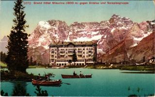 1908 Misurina, Lago di Misurina; Grand Hotel Misurina gegen Antelao und Sorapissgruppe / lake, boat, hotel, mountain. Edition Photoglob Co. (EK)