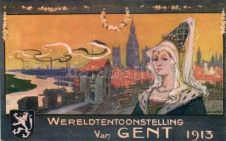 1913 Ghent, Wereldtentoonstelling, stad der Textielnijverheden, Oude Praalgebouwen, Bloemen  / World's Fair, city of textile industry, Old Buildings, flowers, coat of arm, artist signed