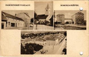 1938 Somorja, Csallóköz-Somorja, Somorin, Samorín; mozaiklap, utcakép. Stadler Sándor kiadása / multi-view postcard, street view (lyukasztott / punched hole)