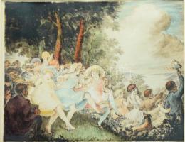 Prihoda István (1891-1965): Majális. Színezett rézkarc, papír, jelzett. Dekoratív, üvegezett, sérült fakeretben. 25x32 cm