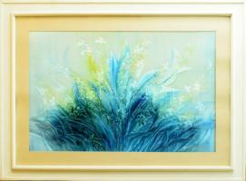 Macskássy Izolda (1945-2021): Virágok. Vegyes technika, selyem, jelzett. Apró foltokkal. Üvegezett fakeretben. 55x86 cm