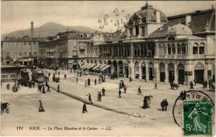 1910 Nice, Nizza; La Place Massena et le Casino / street view, square, carriages, tram, pedestrian, cafe, bicycle, Grand Bazar Parisien, Mandarinette. TCV card (fa)