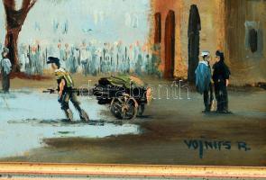 Vojnits Richárd (1942-): Forgatag. Olaj, farost, jelzett. Dekoratív fakeretben, 40×30 cm