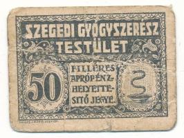 1920 k. Szeged 50f aprópénz helyettesítő jegy "Szegedi Gyógyszerész Testület", a hátlapon lila "Leinzinger Gyula" bélyegzéssel T:F,VG Hungary / Szeged ~1920. 50 Fillér change-replacement ticket "Szeged Pharmacist Board" with "Leinzinger Gyula" cancellation on the back C:F,VG Adamo SZE-99.3.4