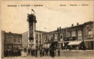 1916 Kolomyia, Kolomea, Kolomyja; Ratusz / Rathaus / town hall, Grand Hotel Bahr, shops of J. Nadler, B. Helwing (fl)