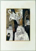 Szász Endre (1926-2003): Bölcs. Szitanyomat, papír, jelzett, számozott (36/100). Foltos. Üvegezett keretben. 45×34 cm