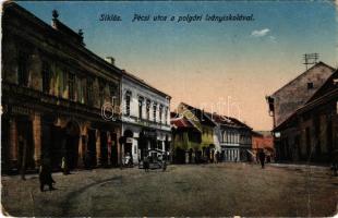 1928 Siklós, Pécsi utca a polgári leányiskolával, üzletek. K. J. Bp. 1918/22. (EB)