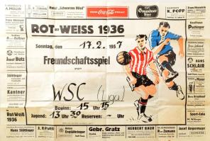 1957 Rot-Weiss 1936 Freundschaftsspiel plakát, hajtott, szakadásokkal, 59×85 cm