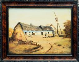 Feith Károly (1930-2017): Udvar. Olaj, farost, jelzett. Dekoratív, kissé kopott fakeretben. 30×40 cm