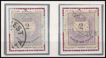 1874 2 db 2kr durva gyöngyjavítással (ex Orbán, Sebestyén aranyérmes kiállítási anyagból)