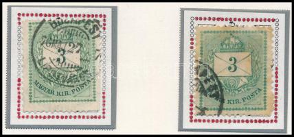 1874 2 db 3kr durva gyöngyjavítással (ex Orbán, Sebestyén aranyérmes kiállítási anyagból)