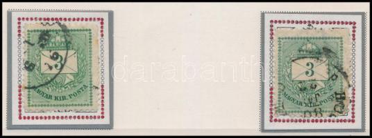 1874 2 db 3kr durva gyöngyjavítással (ex Orbán, Sebestyén aranyérmes kiállítási anyagból)