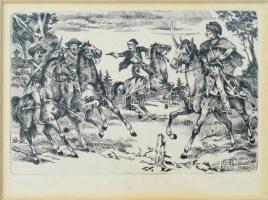 Budai Tibor (1946-): Kuruc-labanc világ. Rézkarc, papír, jelzett, művészpéldány E.A. VI/VII. számozással, üvegezett fakeretben, 10×15 cm