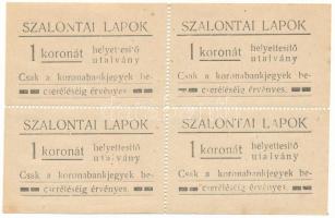 1920 k. Nagyszalonta 1K "Szalontai Lapok" utalvány, perforált 4db-os ívben T:AU / Romania / Salonta ~1920. 1 Korona "Szalontai Lapok" voucher, perforated sheet of 4 pieces C:AU Adamo NTA-20