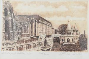 Gönczi Béla (1934-): Budapest Hilton 1985. Rézkarc, papír, jelzett, számozott (560/2000), 8,5x14 cm, üvegezett fakeretben.