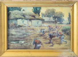 L Bohacek jelzéssel: I világháborús jelenet támadó katonákkal (Irkutszk, Szibéria, 1915). Akvarell, papír. Üvegezett, sérült fakeretben. 22,5x33 cm