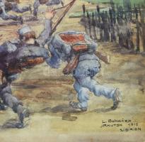 L Bohacek jelzéssel: I világháborús jelenet támadó katonákkal (Irkutszk, Szibéria, 1915). Akvarell, ...