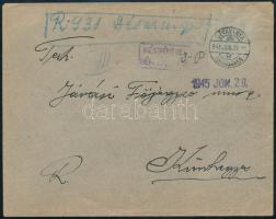 1945 (1. díjszabás) Ajánlott küldemény 3P készpénzes bérmentesítéssel, szükségragjeggyel "DÉVAVÁNYA" - Kunhegyes