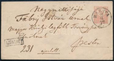 1872 5kr díjjegyes levelezőlap látványosan elfogazott Réznyomat 10kr (bontásnál eltépve / torn apart) díjkiegészítéssel ajánlott küldeményként feladva "BÁRTFA" - Pest