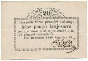 1849. Rozsnyó 20kr "Rozsnyó város pénztári utalványa" T:F, szép papír Hungary / Rozsnyó 1849. 20 Kreuzer "Rozsnyó bánya város pénztári utalványa (Cashier's Coupon of Mine Town of Roznava)" C:F, fine paper Adamo ROZ-2.1