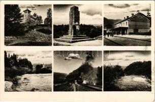 Csucsa, Ciucea; Ady kastély, Királyhágói emlékmű, Pályaudvar, vasútállomás, Táj részlet, gőzmozdony, vonat, Körös-parti részlet / castle, monument, railway station, locomotive, train, Cris riverside (gyűrődés / crease)