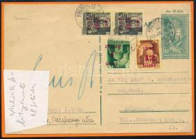 1945 (2. díjszabás) Levelezőlap 4 db bélyeggel, közte 1P elcsúszott felülnyomással