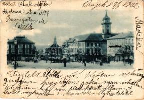 1902 Pécs, Széchenyi tér, Takarékpénztár, üzletek, piac (tükrözött kép!) (kis szakadások / small tears)