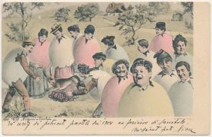 1904 Húsvéti üdvözlőlap, montázs színes tojásba öltözött emberekkel és nyúllal. B. K. W. I. 4516/5 / Easter greetings, montage with people dressed as colorful eggs and rabbit (ázott / wet damage)