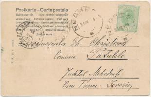 1904 Húsvéti üdvözlőlap, montázs színes tojásba öltözött emberekkel és nyúllal. B. K. W. I. 4516/5 /...