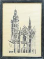 Mészárosné Haltenberger Anna (1909-1974): Kassai dóm, 1940. Tus, papír, jelezve jobbra lent. Üvegezett fakeretben. 38x27,5 cm