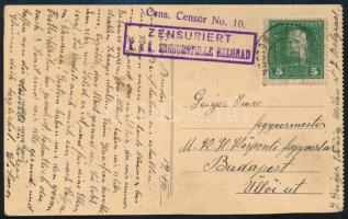 ~1918 Képeslap 5h bérmentesítéssel, cenzúrázva Belgrádból Budapestre