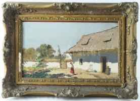 Neogrády László (1896-1962): Lány napfényes udvaron. Olaj, karton. Jelzett. Dekoratív, sérült fakeretben. 20×32 cm