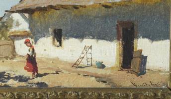 Neogrády László (1896-1962): Lány napfényes udvaron. Olaj, karton. Jelzett. Dekoratív, sérült fakere...