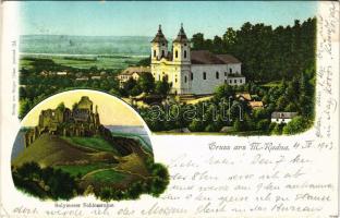 1903 Lippa, Lipova; Solymoser Schlossruine, Mária-Radna mit der Kirche / Solymosi vár, Máriaradnai kegytemplom. A képeslap címzettje Dr Réthy Mór matematikus (1846-1925). Gregor Fischer 34. / Soimos castle, pilgrimage church in Radna. litho (EB)