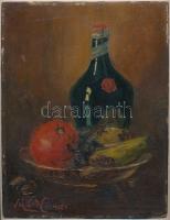 Mikita Elemér (XX. sz. első fele): Csendélet palackkal. Olaj, karton. Jelzett. Szélén kissé sérült. 27x21 cm