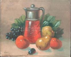 Földváry jelzéssel, XX. sz. első fele: Csendélet karaffával. Olaj, karton. Sérült. 31x36,5 cm