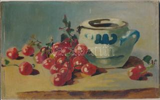 Jelzés nélküll, XX. sz. első fele: Csendélet szilvákkal. Olaj, vászon, kartonon. Szélén kopásnyomokkal. 18x29 cm