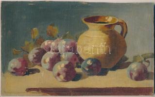 Jelzés nélküll, XX. sz. első fele: Csendélet szilvákkal. Olaj, vászon, kartonon. Szélén kopásnyomokkal. 18x29 cm