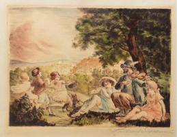 Prihoda István (1891-1965): Mulatozó társaság hegedűssel és kutyával. Színezett rézkarc, papír, jelzett, lapszéli kisebb szakadással és apró foltokkal, 25×32 cm