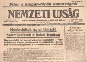 [II. Világháború] Nemzeti Ujság. 1941. november 20. (Napilap, XXIII. évfolyam, 265. szám) "Filov a bulgár-török barátságról -- Megindultak az uj támadó hadmüveletek a keleti fronton -- A keresztény ifjuságnak kell valóra váltania a kereskedelem keresztényesitését -- Megvalósult a szociális gondoskodásnak uj, termelő formája" Félbehajtva, jó állapotban.