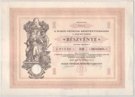 1929 Makó "Makói Népbank Részvénytársaság" részvénye 50P-ről, szelvényekkel, szárazpecsétt...