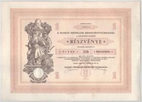 1929 Makó "Makói Népbank Részvénytársaság" részvénye 50P-ről, szelvényekkel, szárazpecsétt...