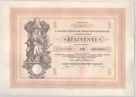 1929 Makó "Makói Népbank Részvénytársaság" részvénye 50P-ről, szelvényekkel, szárazpecsétt...