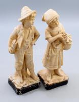cca 1900 Kislány és kisfiú festett gipsz szoborpár, kopással, m: 32 cm alatt