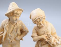 cca 1900 Kislány és kisfiú festett gipsz szoborpár, kopással, m: 32 cm alatt