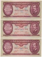 1949. 100Ft (3x) sorszámkövetők "B 897 056604 - B 897 056606" T:AU kissé hullámos papír / Hungary 1949. 100 Forint (3x) consecutive serials "B 897 056604 - B 897 056606" C:AU slightly wavy paper Adamo F28