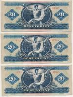 1965. 20Ft (3x) sorszámkövetők "C 253 087643 - C 253 087645" T:UNC,AU
Hungary 1965. 20Ft ...