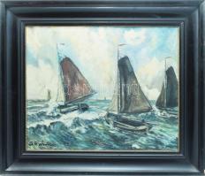 Schröder jelzéssel: Vitorlások. Olaj, vászon. Sérült. Dekoratív, kissé sérült fakeretben. 50×60 cm